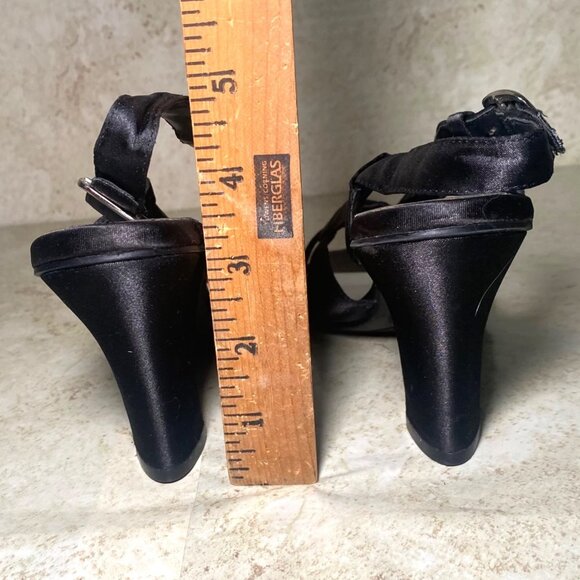 Black Satin Open-Toe Heels With Bow Detail & Adjustable Strap - 3-Inch Heel - Picture 4 of 9